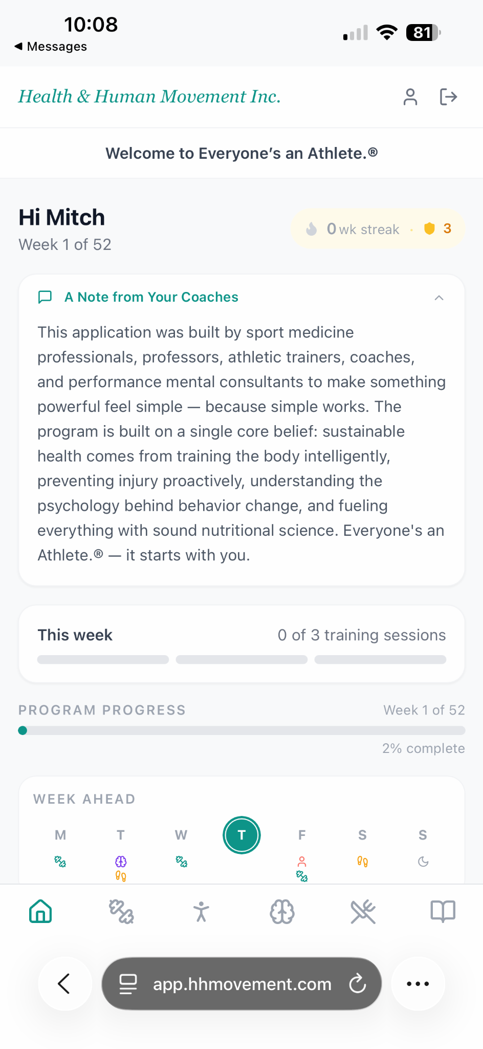 Everyone's an Athlete app dashboard showing weekly training progress
