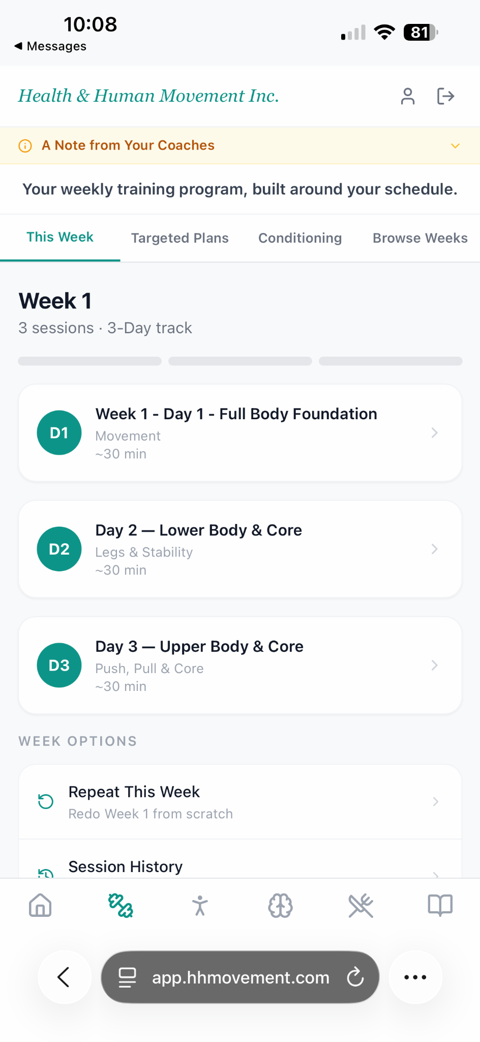 Weekly training program in the app